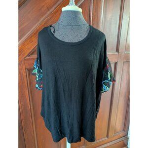 Black Kim & Cami Top With Sheer Embroidered Floral Sleeves Size 1X